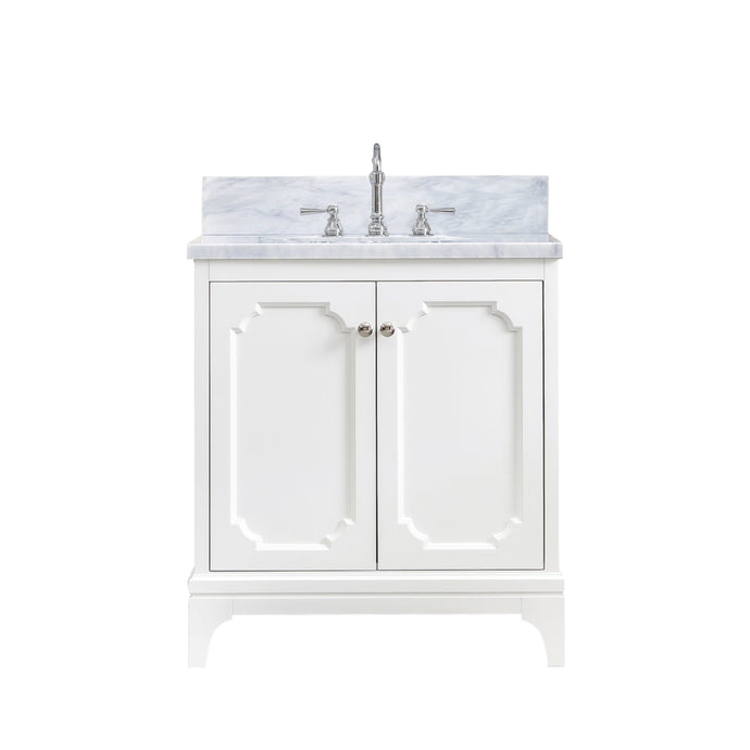 Water Creation Vanity Water Creation QU30CW05PW-000TL1205 Queen 30 Inch Single Sink Carrara White Marble Countertop Vanity in Pure White with Hook Faucet