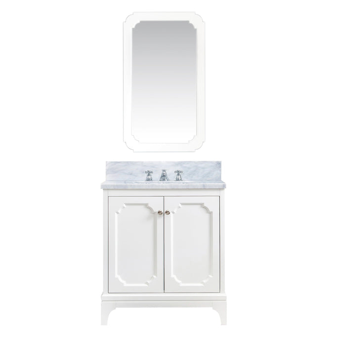 Water Creation Vanity Water Creation QU30CW05PW-Q21BX0905 Queen 30 In. Single Sink Carrara White Marble Countertop Vanity in Pure White with Classic Faucet and Mirror