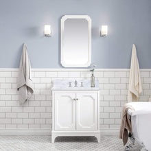 Load image into Gallery viewer, Water Creation Vanity Water Creation QU30CW05PW-Q21FX1305 Queen 30 In. Single Sink Carrara White Marble Countertop Vanity in Pure White with Waterfall Faucet and Mirror