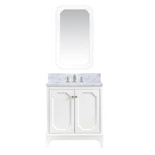 Load image into Gallery viewer, Water Creation Vanity Water Creation QU30CW05PW-Q21FX1305 Queen 30 In. Single Sink Carrara White Marble Countertop Vanity in Pure White with Waterfall Faucet and Mirror