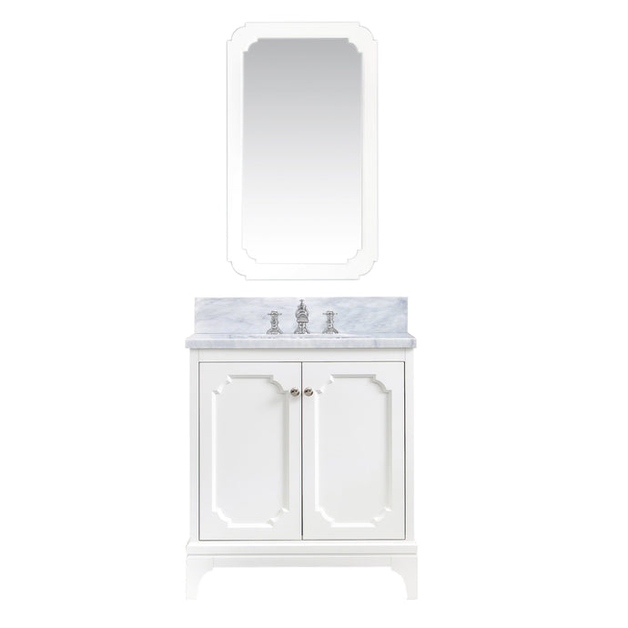 Water Creation Vanity Water Creation QU30CW05PW-Q21FX1305 Queen 30 In. Single Sink Carrara White Marble Countertop Vanity in Pure White with Waterfall Faucet and Mirror