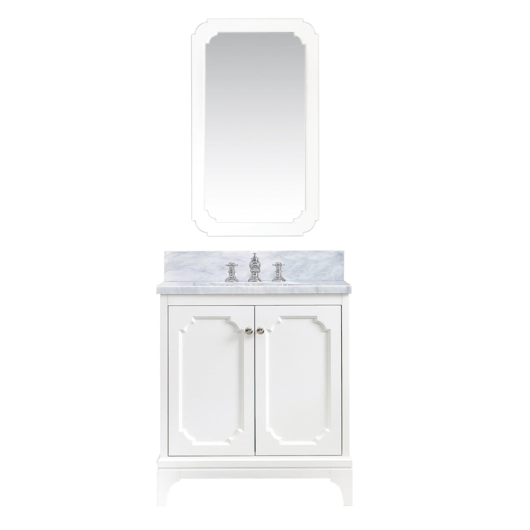Water Creation Vanity Water Creation QU30CW05PW-Q21FX1305 Queen 30 In. Single Sink Carrara White Marble Countertop Vanity in Pure White with Waterfall Faucet and Mirror