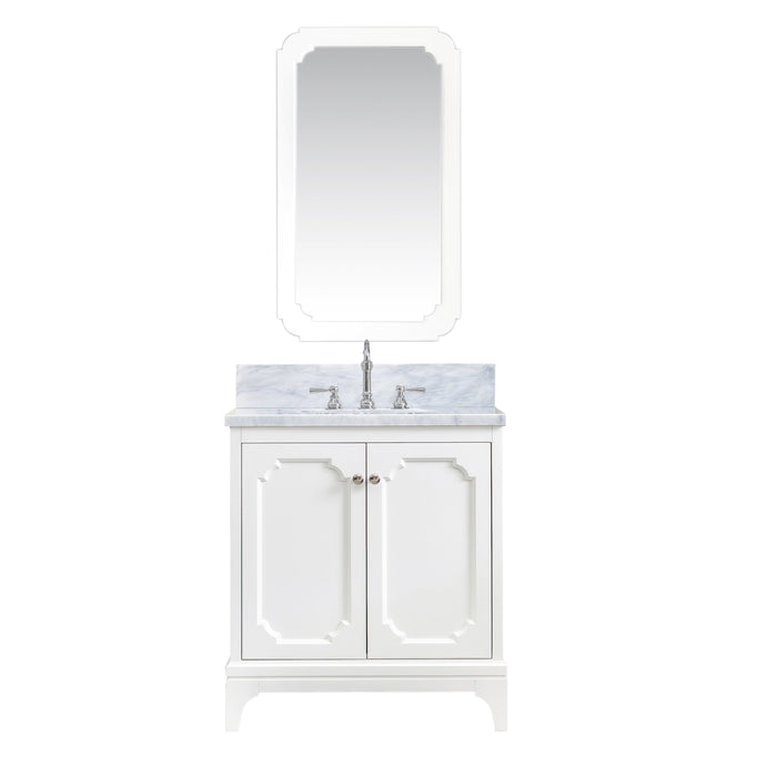 Water Creation Vanity Water Creation QU30CW05PW-Q21TL1205 Queen 30 In. Single Sink Carrara White Marble Countertop Vanity in Pure White with Hook Faucet and Mirror