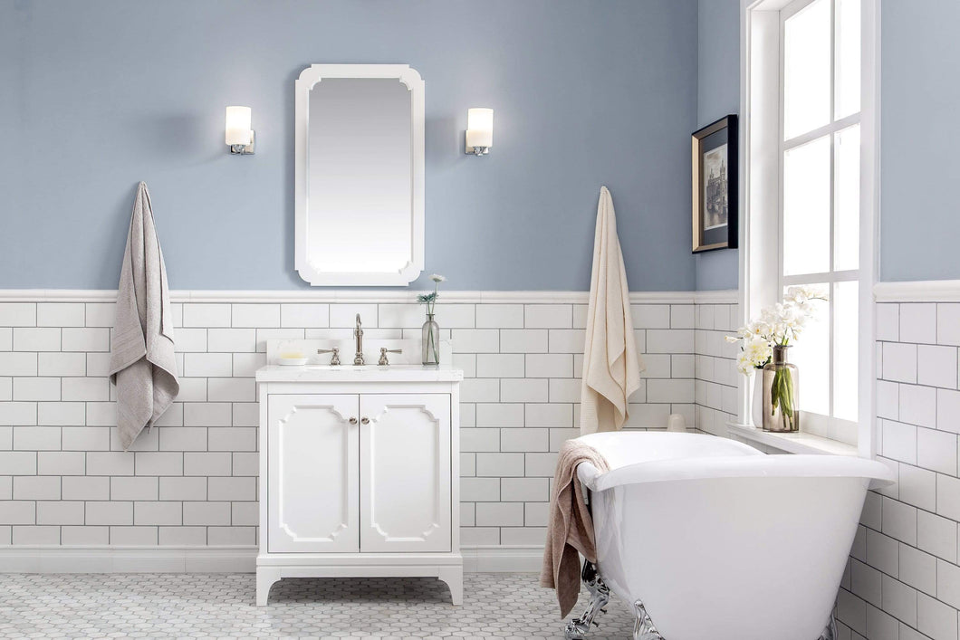 Water Creation Vanity Water Creation QU30QZ05PW-Q21TL1205 Queen 30-Inch Single Sink Quartz Carrara Vanity In Pure White With Matching Mirror(s) and F2-0012-05-TL Lavatory Faucet(s)