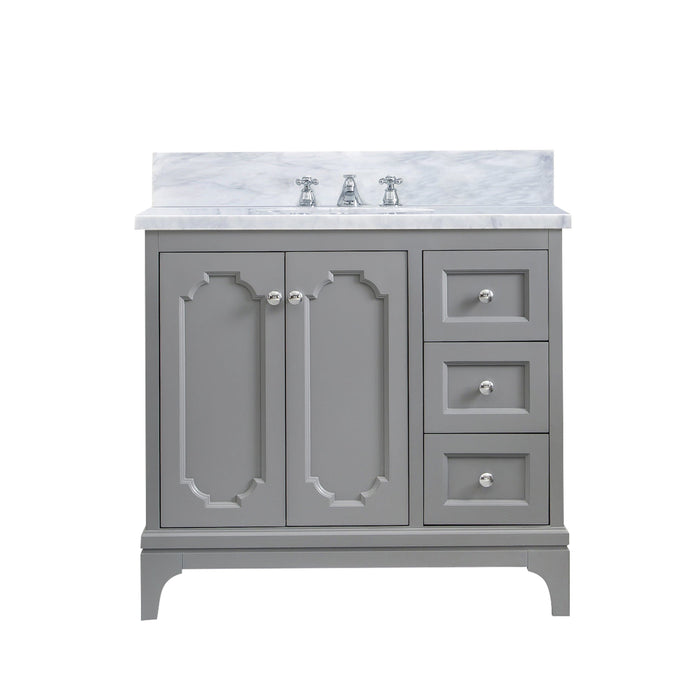 Water Creation Vanity Water Creation QU36CW01CG-000BX0901 Queen 36 Inch Single Sink Carrara White Marble Countertop Vanity in Cashmere Grey with Classic Faucet