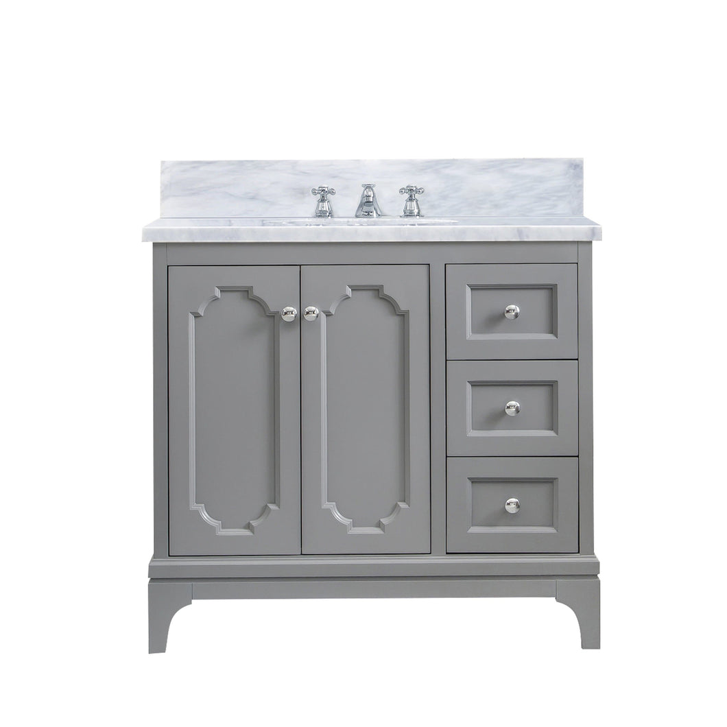 Water Creation Vanity Water Creation QU36CW01CG-000BX0901 Queen 36 Inch Single Sink Carrara White Marble Countertop Vanity in Cashmere Grey with Classic Faucet