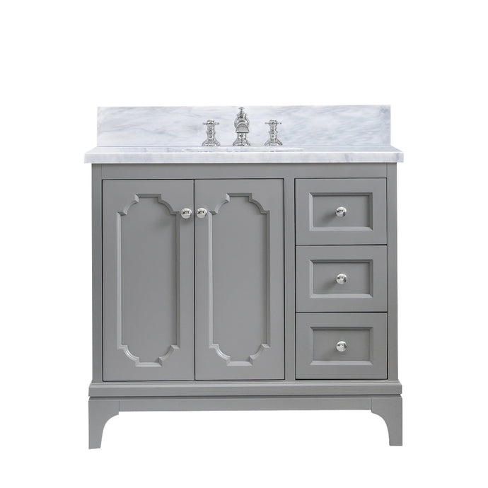 Water Creation Vanity Water Creation QU36CW01CG-000FX1301 Queen 36 Inch Single Sink Carrara White Marble Countertop Vanity in Cashmere Grey with Waterfall Faucet