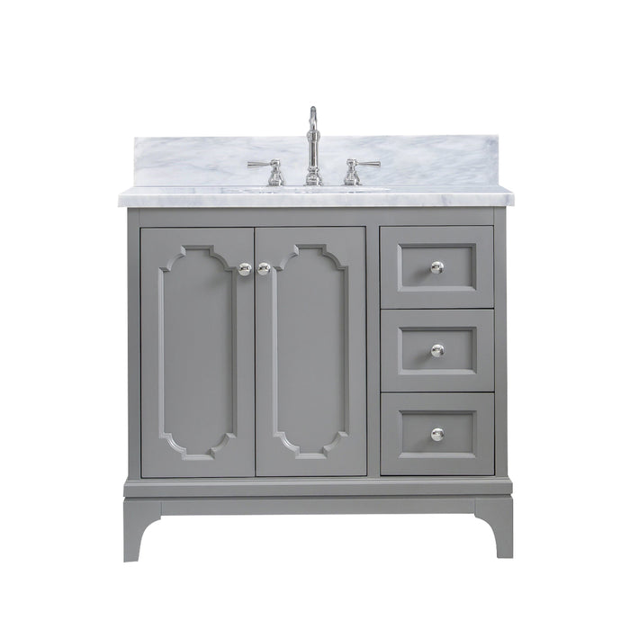 Water Creation Vanity Water Creation QU36CW01CG-000TL1201 Queen 36 Inch Single Sink Carrara White Marble Countertop Vanity in Cashmere Grey with Hook Faucet