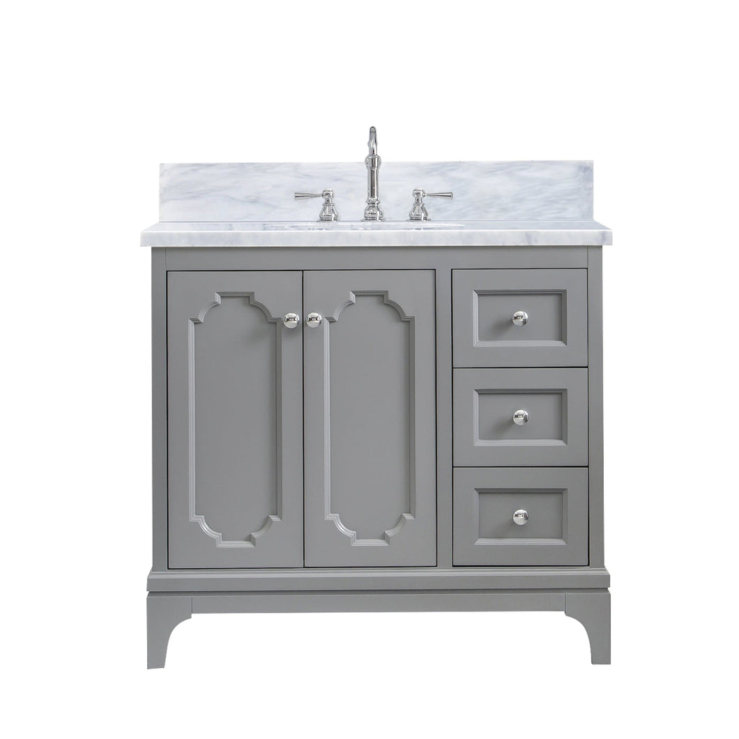 Water Creation Vanity Water Creation QU36CW01CG-000TL1201 Queen 36 Inch Single Sink Carrara White Marble Countertop Vanity in Cashmere Grey with Hook Faucet