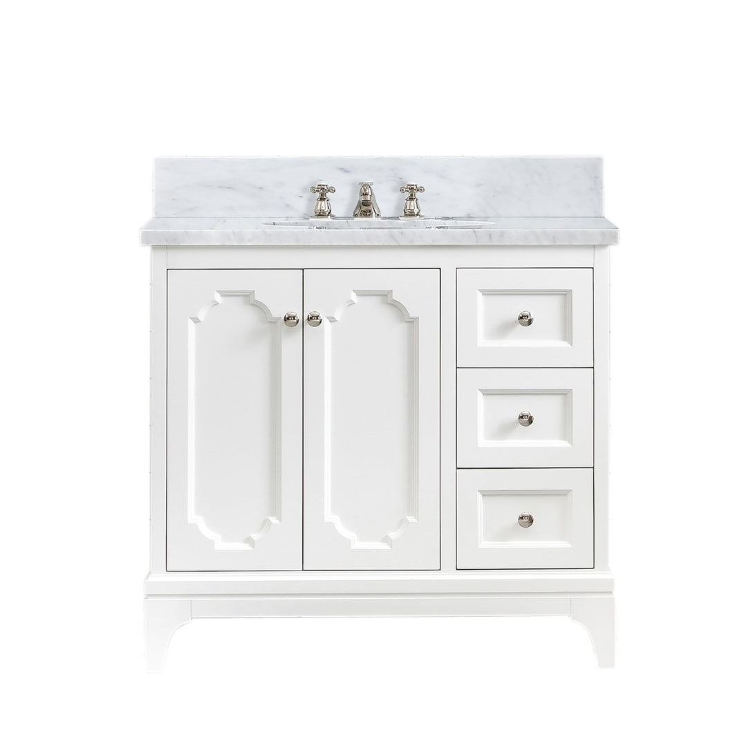 Water Creation Vanity Water Creation QU36CW05PW-000BX0905 Queen 36 Inch Single Sink Carrara White Marble Countertop Vanity in Pure White with Classic Faucet
