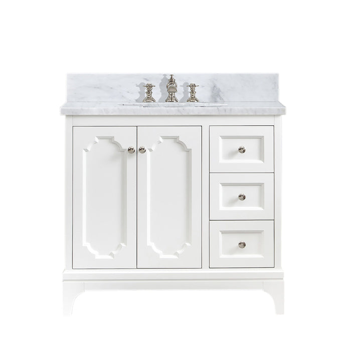 Water Creation Vanity Water Creation QU36CW05PW-000FX1305 Queen 36 Inch Single Sink Carrara White Marble Countertop Vanity in Pure White with Waterfall Faucet