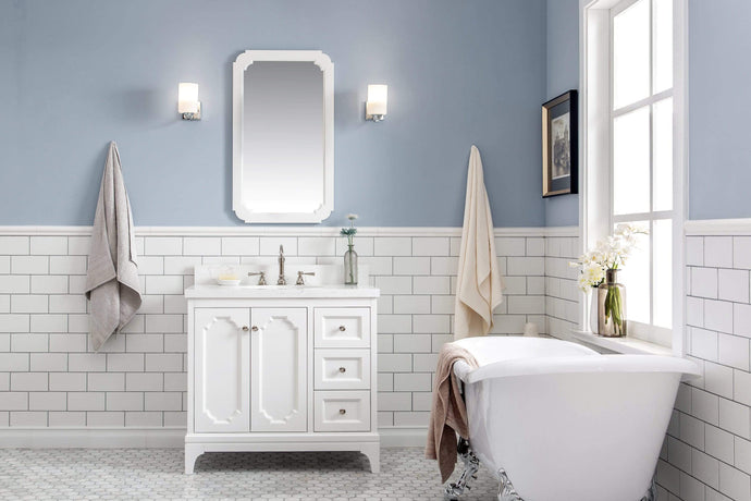 Water Creation Vanity Water Creation QU36QZ05PW-Q21TL1205 Queen 36-Inch Single Sink Quartz Carrara Vanity In Pure White With Matching Mirror(s) and F2-0012-05-TL Lavatory Faucet(s)