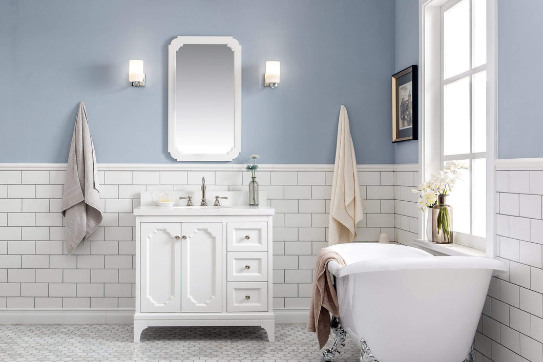 Water Creation Vanity Water Creation QU36QZ05PW-Q21TL1205 Queen 36-Inch Single Sink Quartz Carrara Vanity In Pure White With Matching Mirror(s) and F2-0012-05-TL Lavatory Faucet(s)