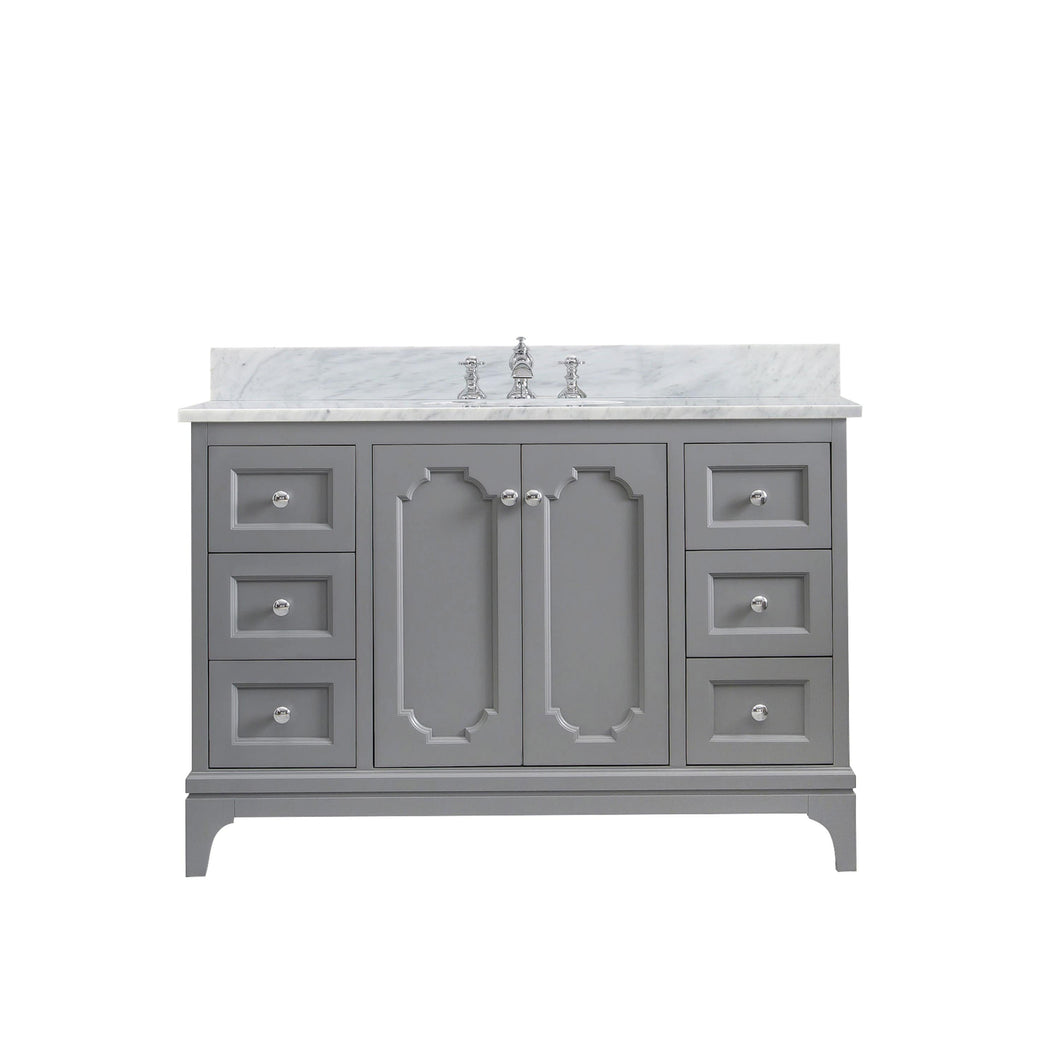 Water Creation Vanity Water Creation QU48CW01CG-000FX1301 Queen 48 Inch Single Sink Carrara White Marble Countertop Vanity in Cashmere Grey with Waterfall Faucet