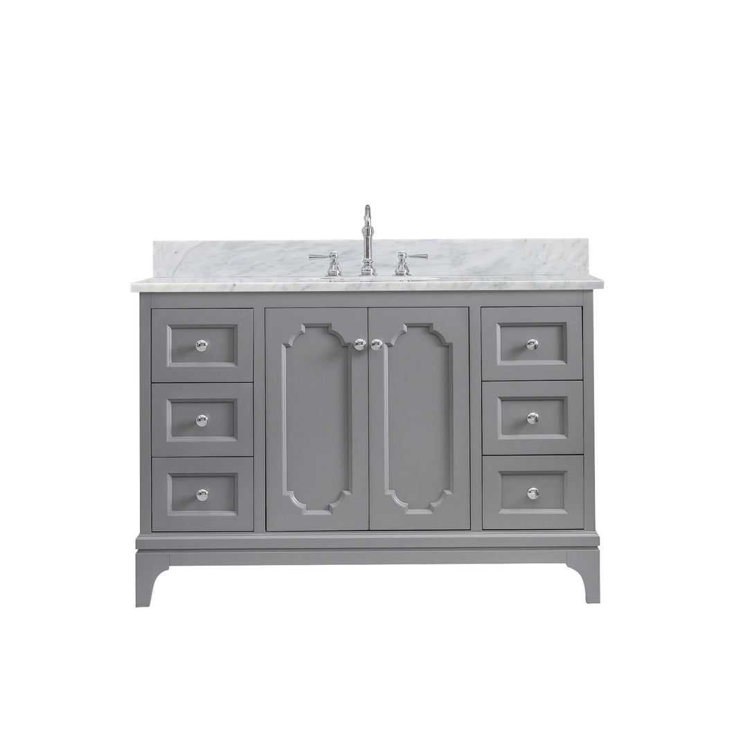 Water Creation Vanity Water Creation QU48CW01CG-000TL1201 Queen 48 Inch Single Sink Carrara White Marble Countertop Vanity in Cashmere Grey with Hook Faucet