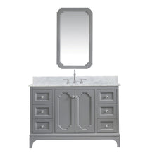 Load image into Gallery viewer, Water Creation Vanity Water Creation QU48CW01CG-Q21TL1201 Queen 48 In. Single Sink Carrara White Marble Countertop Vanity in Cashmere Grey with Hook Faucet and Mirror