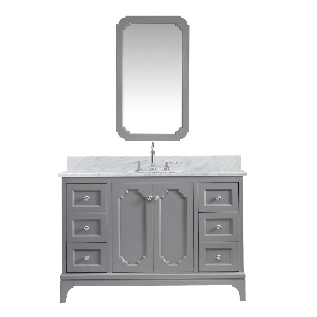 Water Creation Vanity Water Creation QU48CW01CG-Q21TL1201 Queen 48 In. Single Sink Carrara White Marble Countertop Vanity in Cashmere Grey with Hook Faucet and Mirror