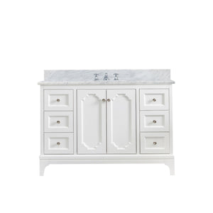 Water Creation Vanity Water Creation QU48CW05PW-000BX0905 Queen 48 Inch Single Sink Carrara White Marble Countertop Vanity in Pure White with Classic Faucet