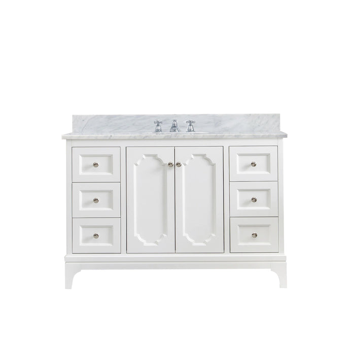 Water Creation Vanity Water Creation QU48CW05PW-000BX0905 Queen 48 Inch Single Sink Carrara White Marble Countertop Vanity in Pure White with Classic Faucet