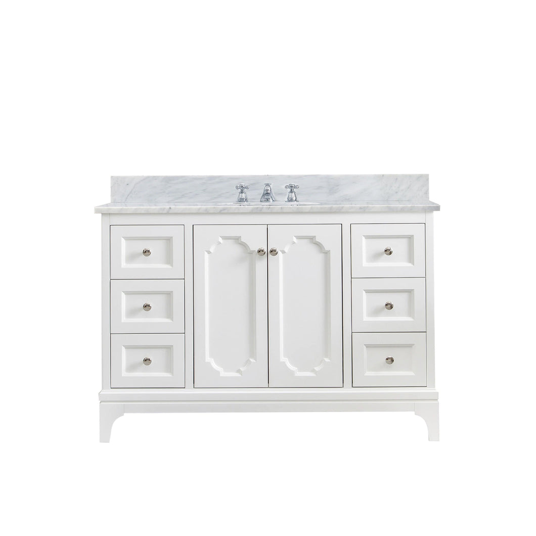 Water Creation Vanity Water Creation QU48CW05PW-000BX0905 Queen 48 Inch Single Sink Carrara White Marble Countertop Vanity in Pure White with Classic Faucet