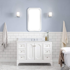 Water Creation Vanity Water Creation QU48CW05PW-000BX0905 Queen 48 Inch Single Sink Carrara White Marble Countertop Vanity in Pure White with Classic Faucet