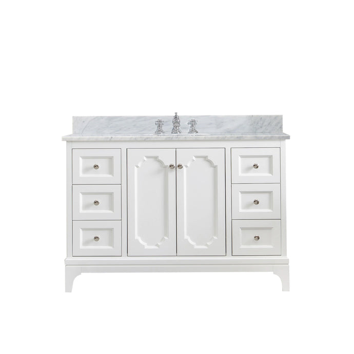 Water Creation Vanity Water Creation QU48CW05PW-000FX1305 Queen 48 Inch Single Sink Carrara White Marble Countertop Vanity in Pure White with Waterfall Faucet