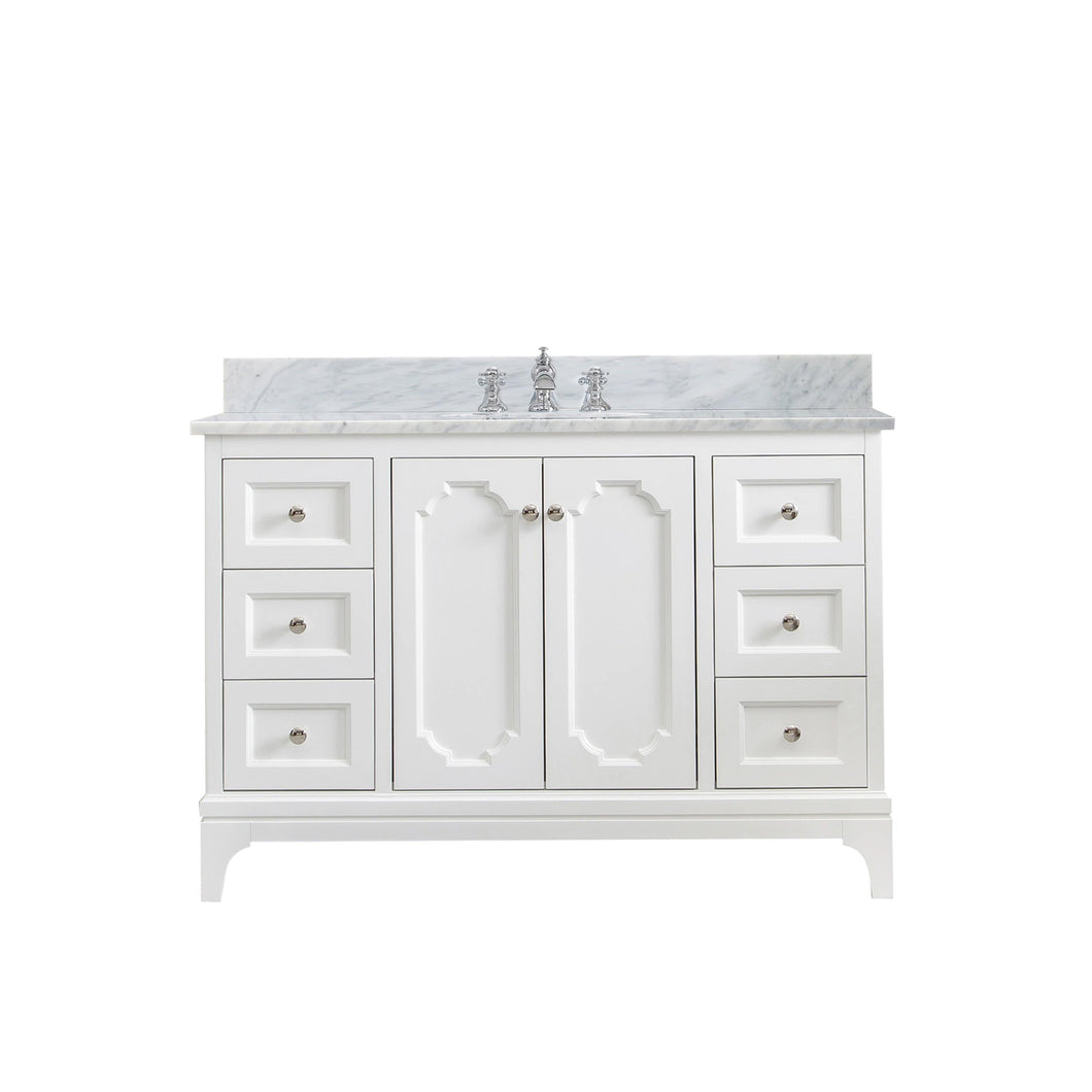 Water Creation Vanity Water Creation QU48CW05PW-000FX1305 Queen 48 Inch Single Sink Carrara White Marble Countertop Vanity in Pure White with Waterfall Faucet