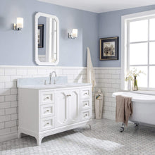 Load image into Gallery viewer, Water Creation Vanity Water Creation QU48CW05PW-000TL1205 Queen 48 Inch Single Sink Carrara White Marble Countertop Vanity in Pure White with Hook Faucet