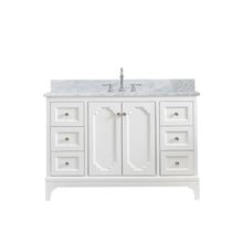 Load image into Gallery viewer, Water Creation Vanity Water Creation QU48CW05PW-000TL1205 Queen 48 Inch Single Sink Carrara White Marble Countertop Vanity in Pure White with Hook Faucet