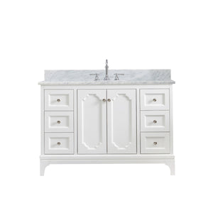 Water Creation Vanity Water Creation QU48CW05PW-000TL1205 Queen 48 Inch Single Sink Carrara White Marble Countertop Vanity in Pure White with Hook Faucet