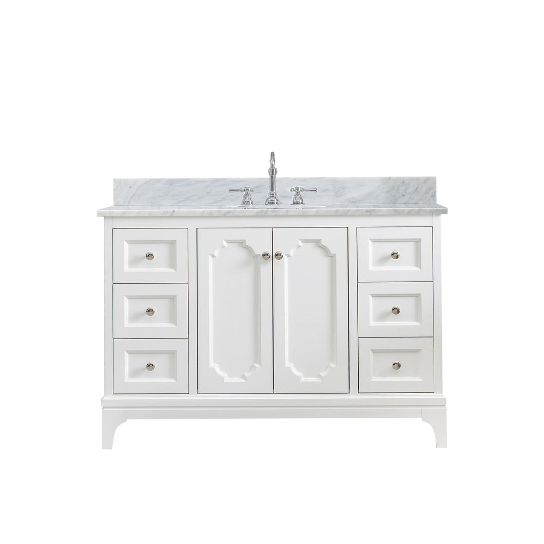 Water Creation Vanity Water Creation QU48CW05PW-000TL1205 Queen 48 Inch Single Sink Carrara White Marble Countertop Vanity in Pure White with Hook Faucet