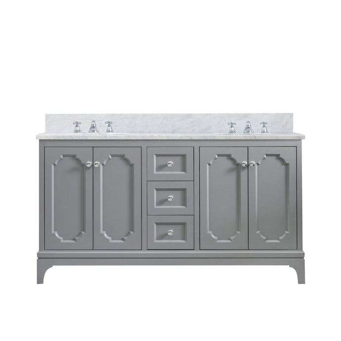 Water Creation Vanity Water Creation QU60CW01CG-000BX0901 Queen 60 Inch Double Sink Carrara White Marble Countertop Vanity in Cashmere Grey with Classic Faucets