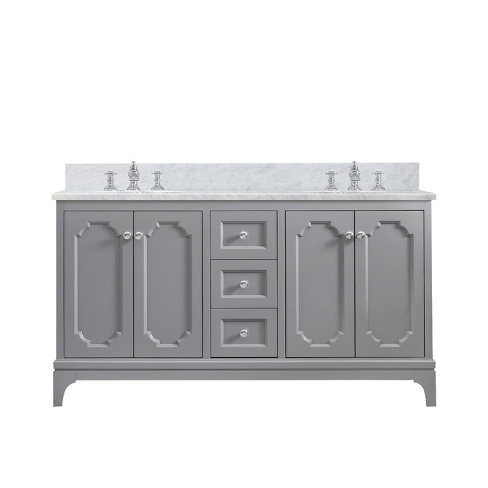 Water Creation Vanity Water Creation QU60CW01CG-000FX1301 Queen 60 Inch Double Sink Carrara White Marble Countertop Vanity in Cashmere Grey with Waterfall Faucets