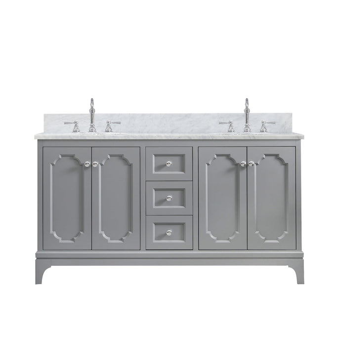 Water Creation Vanity Water Creation QU60CW01CG-000TL1201 Queen 60 In. Double Sink Carrara White Marble Countertop Vanity in Cashmere Grey with Hook Faucets