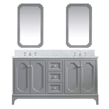 Load image into Gallery viewer, Water Creation Vanity Water Creation QU60CW01CG-Q21BX0901 Queen 60 In. Double Sink Carrara White Marble Countertop Vanity in Cashmere Grey with Classic Faucets and Mirrors