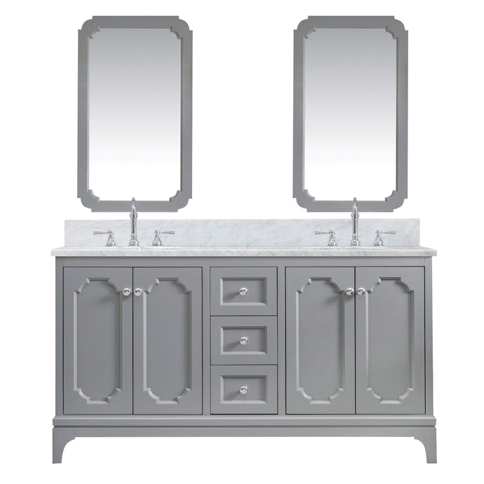 Water Creation Vanity Water Creation QU60CW01CG-Q21TL1201 Queen 60 In. Double Sink Carrara White Marble Countertop Vanity in Cashmere Grey with Hook Faucets and Mirrors