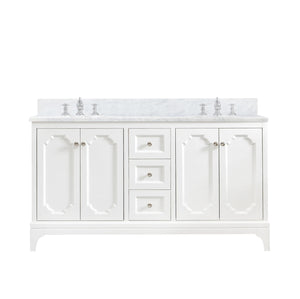Water Creation Vanity Water Creation QU60CW05PW-000FX1305 Queen 60 Inch Double Sink Carrara White Marble Countertop Vanity in Pure White with Waterfall Faucets