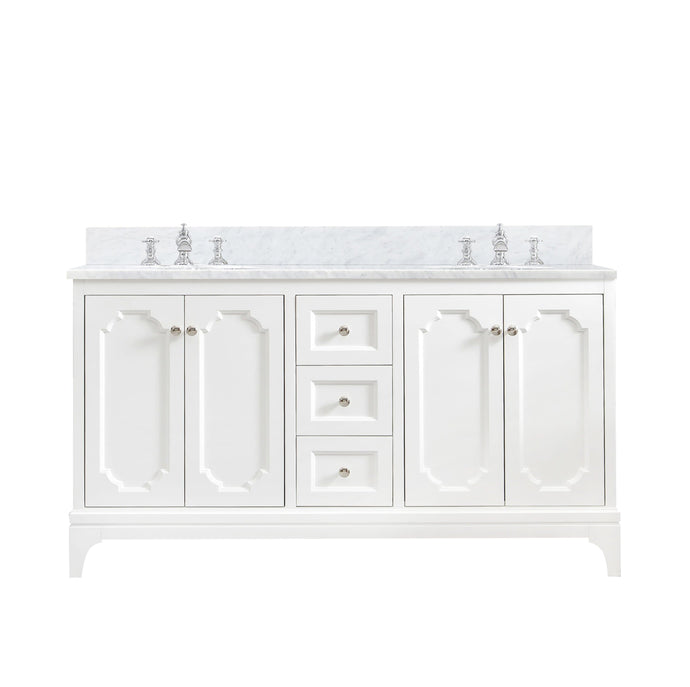 Water Creation Vanity Water Creation QU60CW05PW-000FX1305 Queen 60 Inch Double Sink Carrara White Marble Countertop Vanity in Pure White with Waterfall Faucets