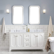 Load image into Gallery viewer, Water Creation Vanity Water Creation QU60CW05PW-000FX1305 Queen 60 Inch Double Sink Carrara White Marble Countertop Vanity in Pure White with Waterfall Faucets
