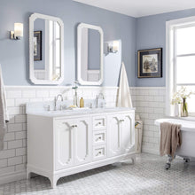 Load image into Gallery viewer, Water Creation Vanity Water Creation QU60CW05PW-000TL1205 Queen 60 Inch Double Sink Carrara White Marble Countertop Vanity in Pure White with Hook Faucets