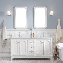 Load image into Gallery viewer, Water Creation Vanity Water Creation QU60CW05PW-000TL1205 Queen 60 Inch Double Sink Carrara White Marble Countertop Vanity in Pure White with Hook Faucets