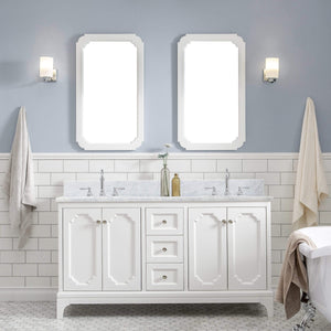 Water Creation Vanity Water Creation QU60CW05PW-000TL1205 Queen 60 Inch Double Sink Carrara White Marble Countertop Vanity in Pure White with Hook Faucets