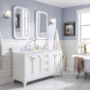 Water Creation Vanity Water Creation QU60CW05PW-000TL1205 Queen 60 Inch Double Sink Carrara White Marble Countertop Vanity in Pure White with Hook Faucets