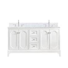 Load image into Gallery viewer, Water Creation Vanity Water Creation QU60CW05PW-000TL1205 Queen 60 Inch Double Sink Carrara White Marble Countertop Vanity in Pure White with Hook Faucets