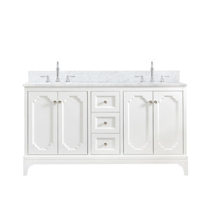 Water Creation Vanity Water Creation QU60CW05PW-000TL1205 Queen 60 Inch Double Sink Carrara White Marble Countertop Vanity in Pure White with Hook Faucets