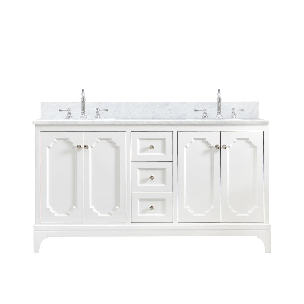 Water Creation Vanity Water Creation QU60CW05PW-000TL1205 Queen 60 Inch Double Sink Carrara White Marble Countertop Vanity in Pure White with Hook Faucets