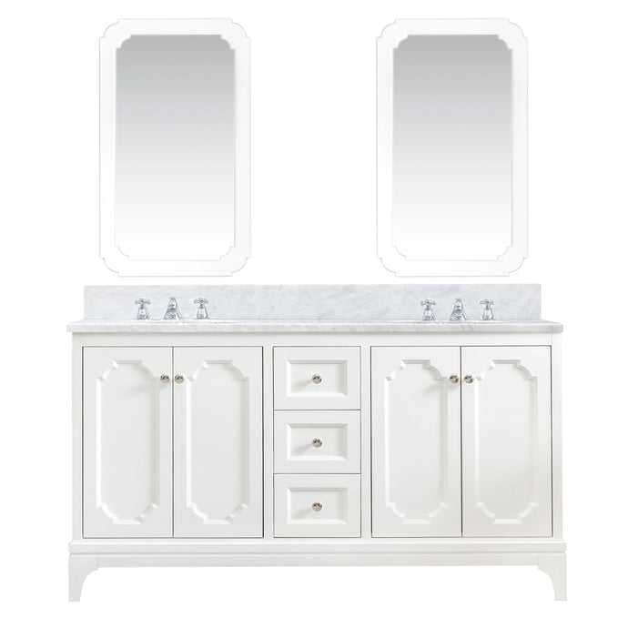 Water Creation Vanity Water Creation QU60CW05PW-Q21000000 Queen 60 In. Double Sink Carrara White Marble Countertop Vanity in Pure White with Mirrors