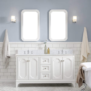 Water Creation Vanity Water Creation QU60CW05PW-Q21FX1305 Queen 60 In. Double Sink Carrara White Marble Countertop Vanity in Pure White with Waterfall Faucets and Mirrors