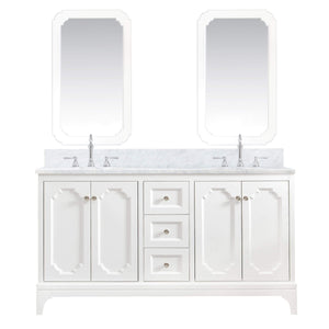 Water Creation Vanity Water Creation QU60CW05PW-Q21TL1205 Queen 60 In. Double Sink Carrara White Marble Countertop Vanity in Pure White with Hook Faucets and Mirrors