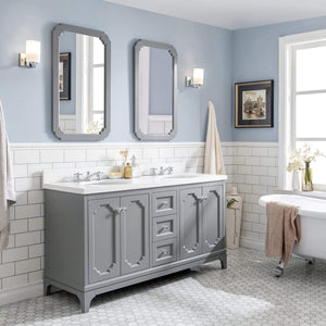Water Creation Vanity Water Creation QU60QZ01CG-Q21BX0901 Queen 60-Inch Double Sink Quartz Carrara Vanity In Cashmere Grey With Matching Mirror(s) and F2-0009-01-BX Lavatory Faucet(s)